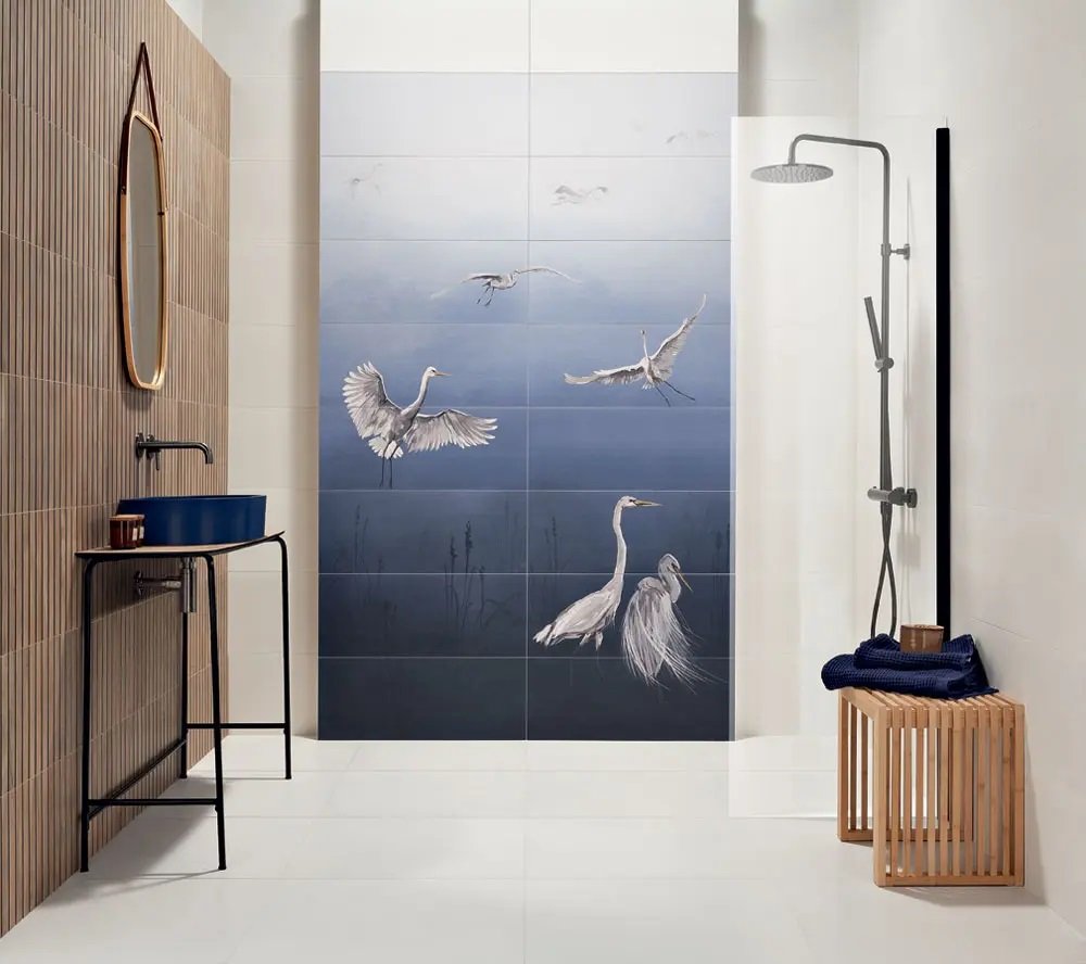 #Koupelna #Naturální styl #bílá #modrá #Velký formát #Matný obklad #700 - 1000 Kč/m2